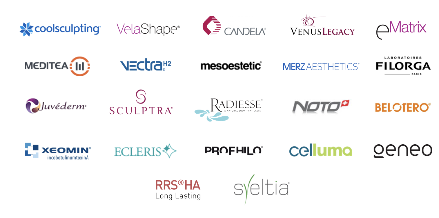 Marcas y tecnología: CoolSculpting, Candela, Venus Legacy, Merz, Filorga, Juvéderm, Sculptra, Radiesse, Belotero, Xeomin, Profhilo, Geneo y más
